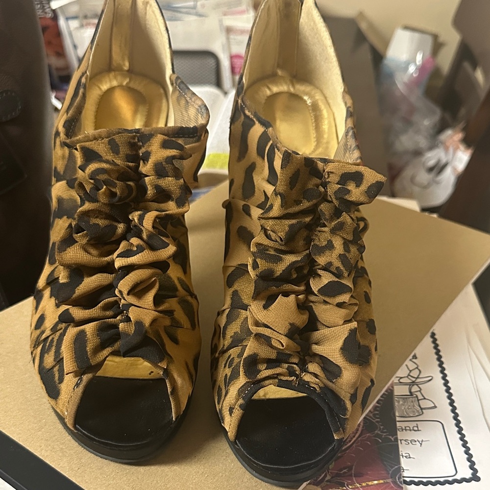 Leopard Print Peep Toe Ankle Boots